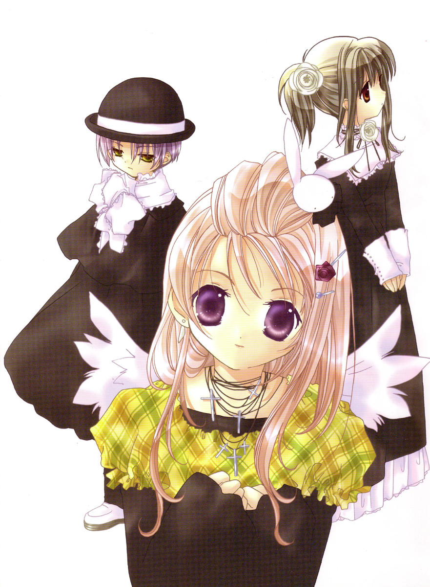 koge donbo, shia, higuchi kotarou, misha, misha (pita ten), shia (pita ten), pita ten, highres, official art, scan, 1boy, 2girls, angel, cross, cross necklace, dress, earrings, flower, green eyes, hair flower, hair ornament, hairclip, hat, jewelry, latin cross, multiple girls, necklace, pink hair, purple eyes, purple hair, rabbit hair ornament, simple background, v arms, white background, white wings, wings