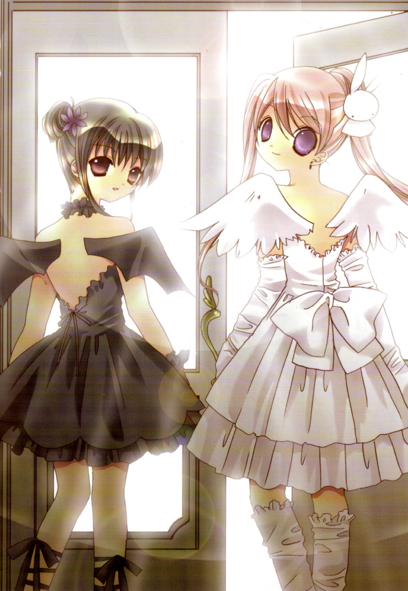 koge donbo, shia, misha, misha (pita ten), shia (pita ten), pita ten, highres, official art, scan, 2girls, angel, bare back, bat wings, black dress, black gloves, black hair, bow, demon, door, dress, earrings, elbow gloves, flower, from behind, gloves, hair bun, hair flower, hair ornament, jewelry, long hair, looking at viewer, looking back, multiple girls, pink hair, purple eyes, rabbit hair ornament, single hair bun, twintails, white dress, white gloves, wings