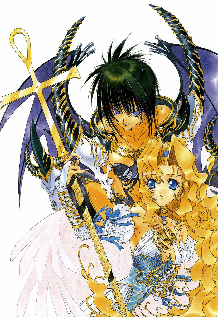 nanase aoi, angel flavor, artbook, highres, angel wings, bow, demon wings, gloves, hairband, staff, wings