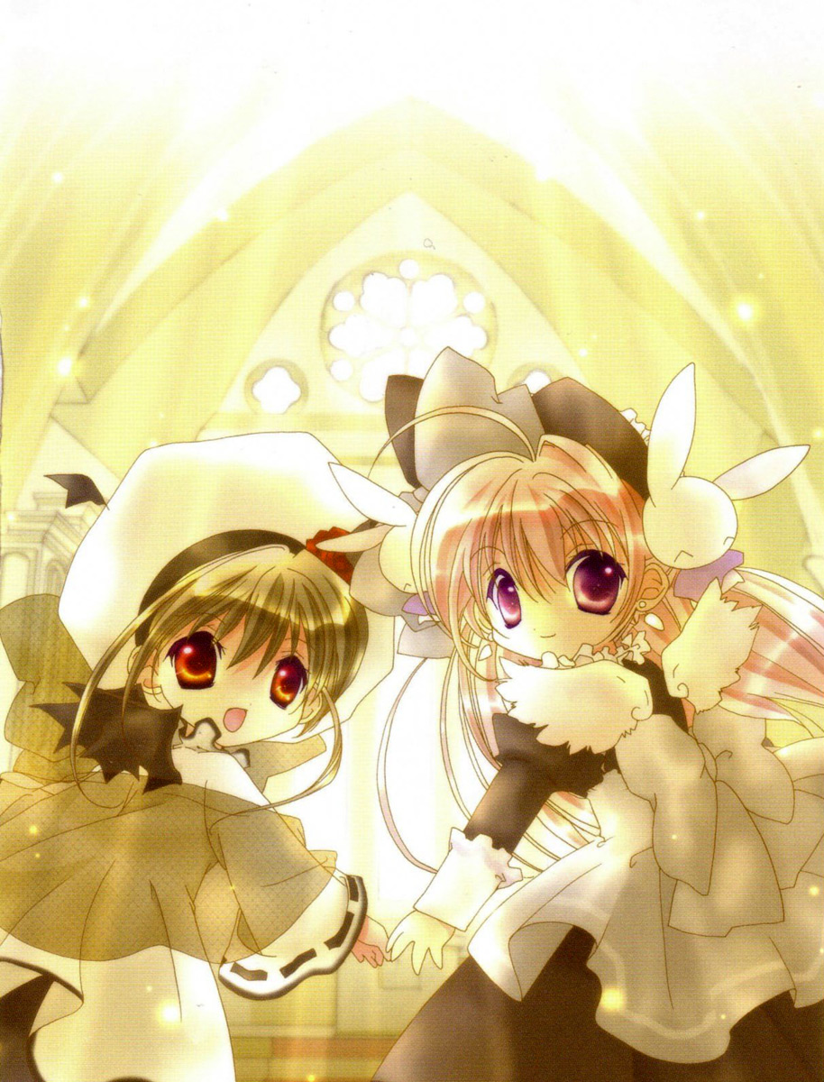 koge donbo, shia, misha, misha (pita ten), shia (pita ten), pita ten, highres, official art, scan, 1boy, 1girl, :d, ahoge, angel, angel wings, bat wings, brown hair, church, demon, dress, earrings, from behind, hair ornament, hat, jewelry, long hair, looking at viewer, looking back, open mouth, pink hair, purple eyes, rabbit hair ornament, red eyes, smile, white wings, wings