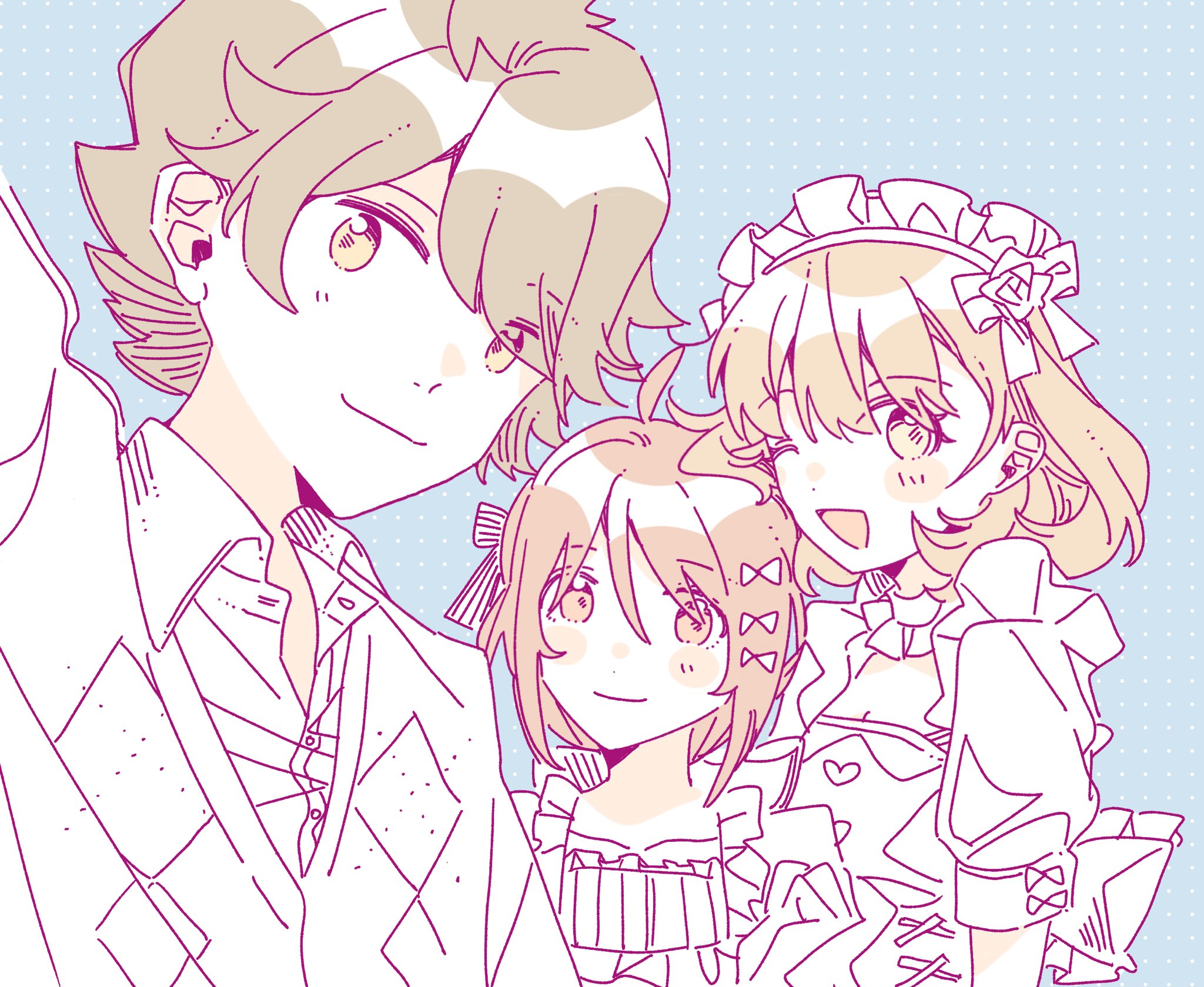 aikawa miyuu, gamon yuuta, narusawa ryouka, occultic;nine, science adventure, clothing request, highres, 1boy, 2girls, blonde hair, blush, brown eyes, brown hair, dress, dress shirt, enomotochano, formal clothes, frilled dress, frills, green hair, hair ornament, light blush, looking at viewer, multiple girls, one eye closed, open collar, open mouth, shirt, short hair, smile, sweater, tongue
