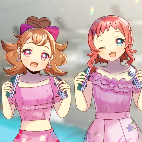 kou hiyoyo, precure, character request, commentary request, lowres, 2girls, bow, brown hair, collarbone, earrings, green eyes, hair bow, jewelry, multi-source commentary, multiple girls, one eye closed, open mouth, pink eyes, pink skirt, red hair, short hair, skirt, smile