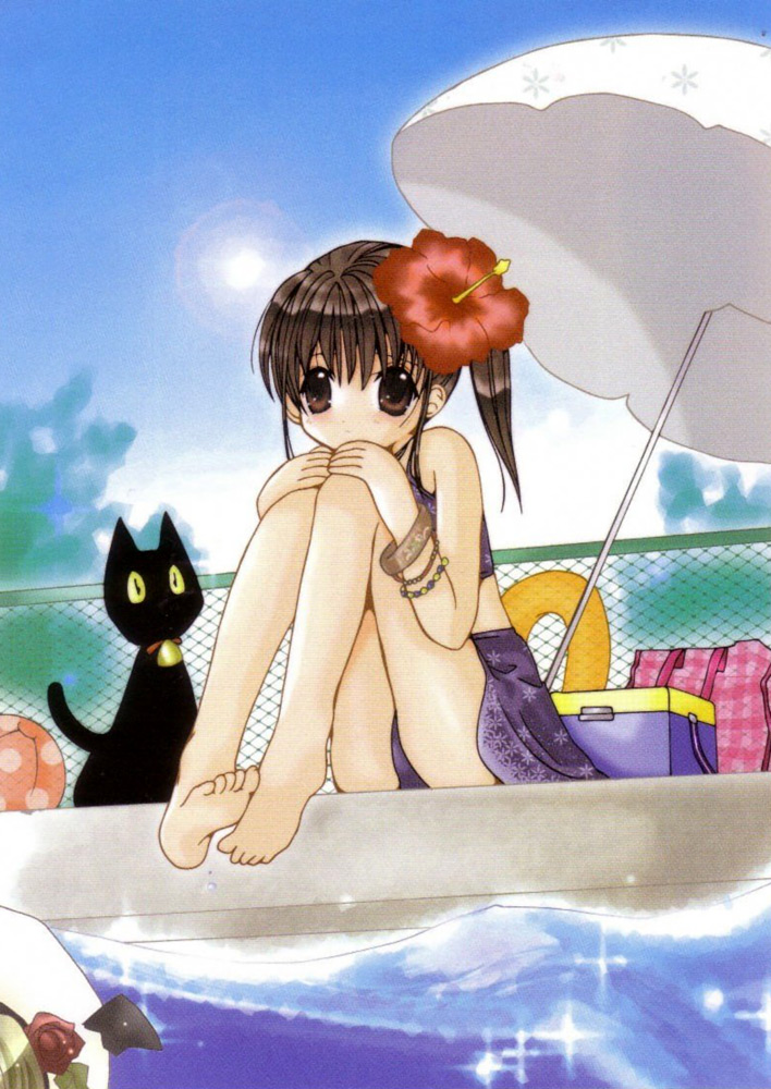 koge donbo, shia, nyaa-san, shia (pita ten), pita ten, plaid, 2girls, ball, barefoot, beachball, bell, black cat, bracelet, brown eyes, brown hair, cat, chain-link fence, collar, cooler, day, feet, female focus, fence, flower, hair flower, hair ornament, hibiscus, hugging own legs, innertube, jewelry, looking at viewer, multiple girls, nature, neck bell, outdoors, parasol, plant, pool, poolside, sarong, sitting, sky, solo focus, sun, swim ring, swimsuit, umbrella