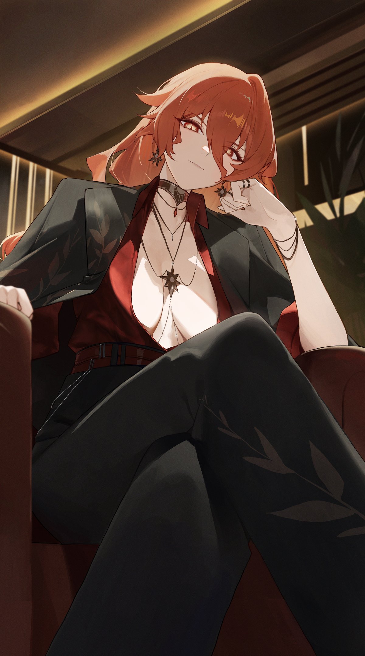 kji (rozo), augusta (wuthering waves), wuthering waves, commentary, highres, 1girl, alternate costume, belt, black jacket, black pants, bracelet, breasts, chair, choker, cleavage, closed mouth, collared shirt, crossed legs, earrings, from below, hair between eyes, high-waist pants, indoors, jacket, jacket on shoulders, jewelry, large breasts, long hair, long hair between eyes, looking at viewer, orange hair, pants, red belt, red eyes, red shirt, ring, shirt, solo, sun earrings, sun necklace
