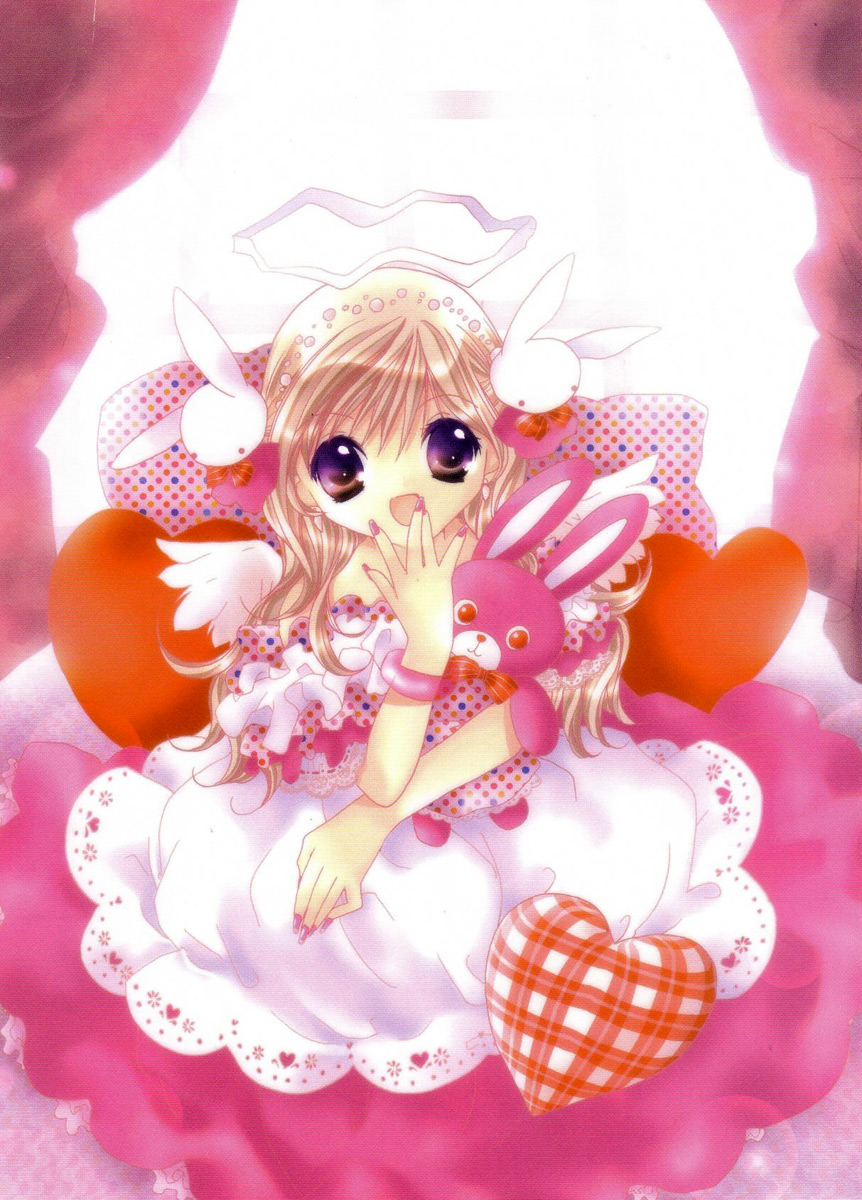 koge donbo, misha, misha (pita ten), pita ten, highres, official art, 1girl, bird wings, blonde hair, brown hair, dress, female focus, hair ornament, halo, heart, multicolored eyes, nail polish, open mouth, pillow, pink nails, polka dot, purple eyes, rabbit, rabbit hair ornament, solo, stuffed toy, white wings, wings