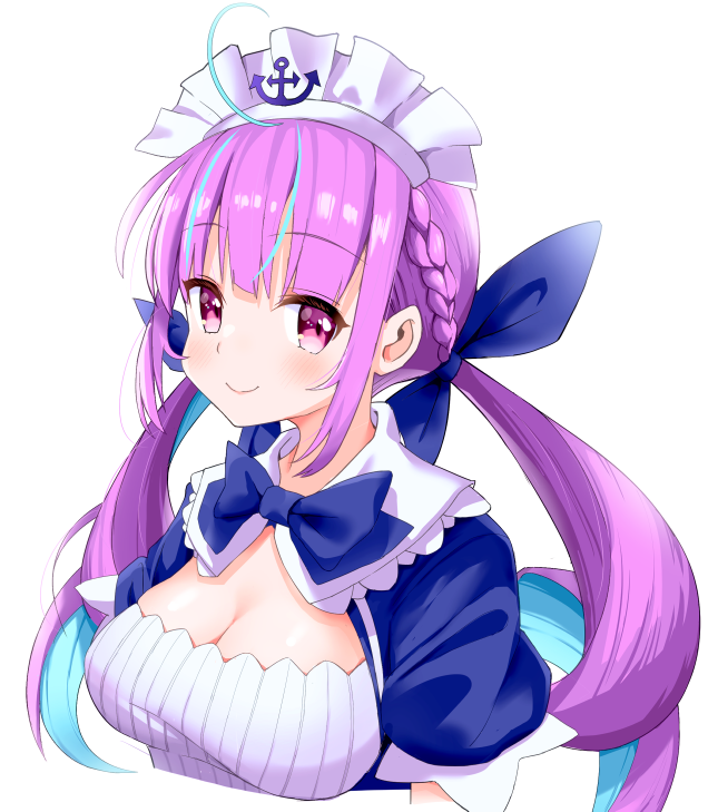 ingen, minato aqua, minato aqua (1st costume), hololive, 1girl, ahoge, anchor print, anchor symbol, aqua hair, blue bow, blue bowtie, blue dress, blue ribbon, blush, bow, bowtie, braid, breasts, cleavage, closed mouth, curly hair, dress, hair ribbon, large breasts, long hair, looking at viewer, maid, maid headdress, multicolored hair, pink eyes, pink hair, ribbon, short sleeves, simple background, smile, solo, streaked hair, twintails, two-tone hair, upper body, virtual youtuber, white background