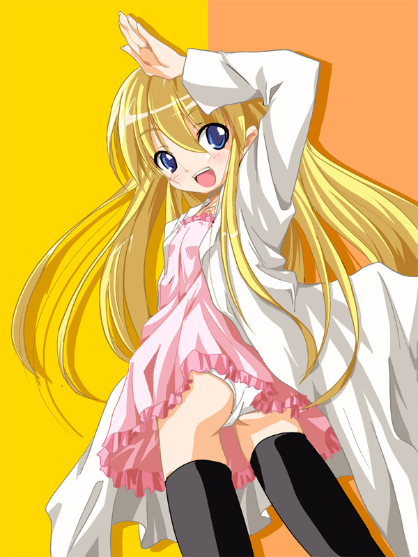 ko-chin, rebecca miyamoto, pani poni dash!, 00s, blonde hair, blue eyes, blush, child, dress, flat chest, frills, from below, happy, lab coat, long hair, looking back, panties, pantyshot, salute, solo, thighhighs, underwear, white panties