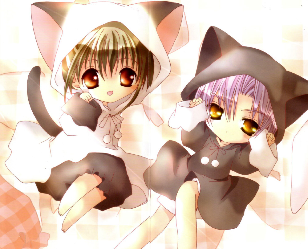 koge donbo, shia, higuchi kotarou, shia (pita ten), pita ten, scan, 1boy, 1girl, animal costume, animal ears, barefoot, brown hair, cat costume, cat ears, cat tail, looking at viewer, orange eyes, pajamas, purple hair, red eyes, tail