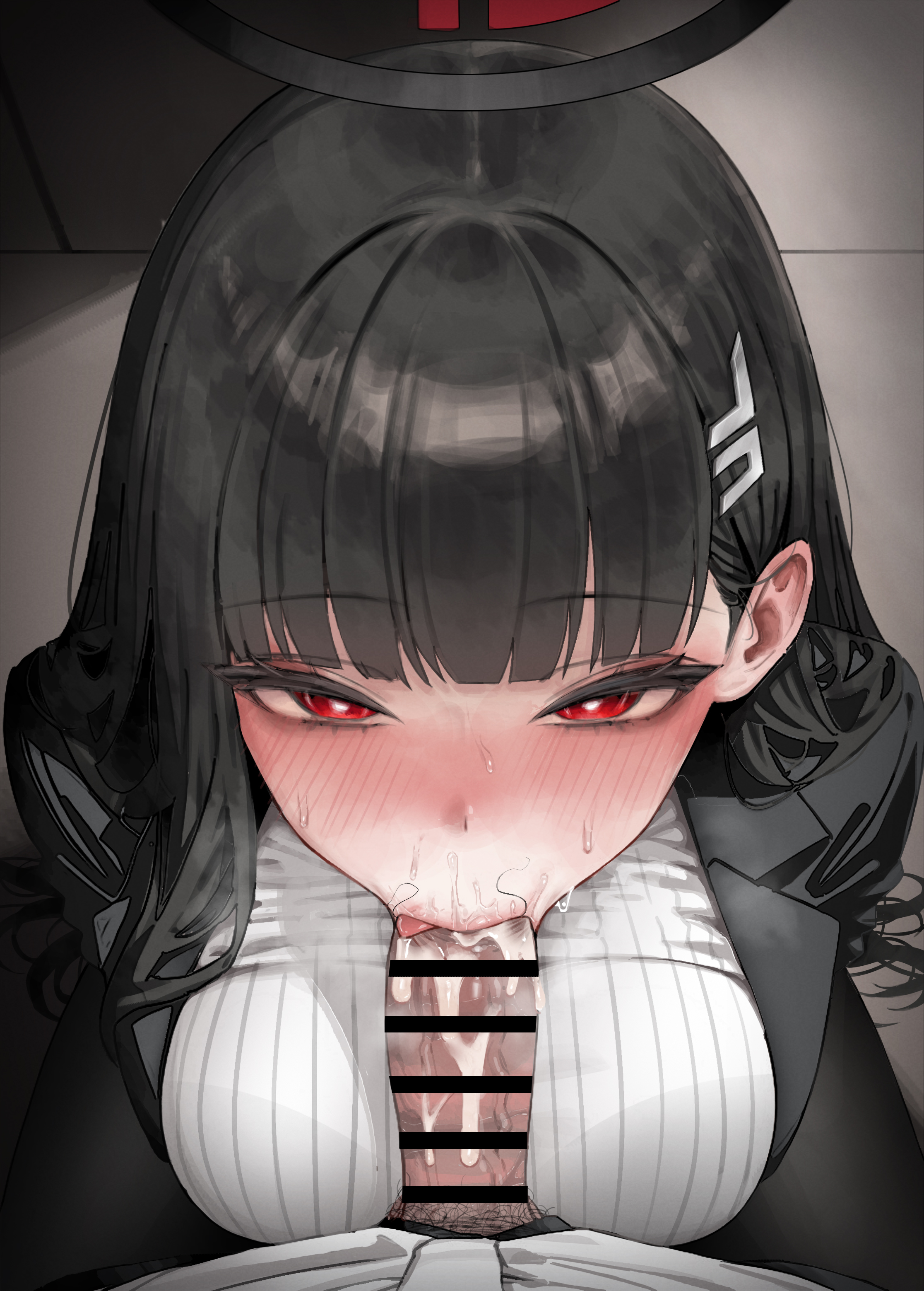 whyd5424, rio (blue archive), blue archive, absurdres, commentary request, highres, 1boy, 1girl, :>=, bar censor, black coat, black hair, black halo, blush, breasts, bright pupils, censored, coat, cum, fellatio, hair ornament, hairpin, halo, hetero, large breasts, long hair, looking at viewer, nose blush, oral, pov, pov crotch, red eyes, ribbed sweater, sitting, stray pubic hair, sweater, tongue, tongue out, very long hair, white pupils, white sweater