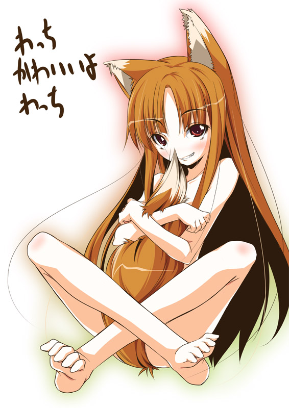 ko-chin, holo, spice and wolf, translated, 00s, 1girl, animal ears, barefoot, brown hair, fang, feet, female focus, grin, hugging own tail, hugging tail, long hair, nude, sitting, smile, solo, tail, toe scrunch, toes, wolf ears, wolf tail