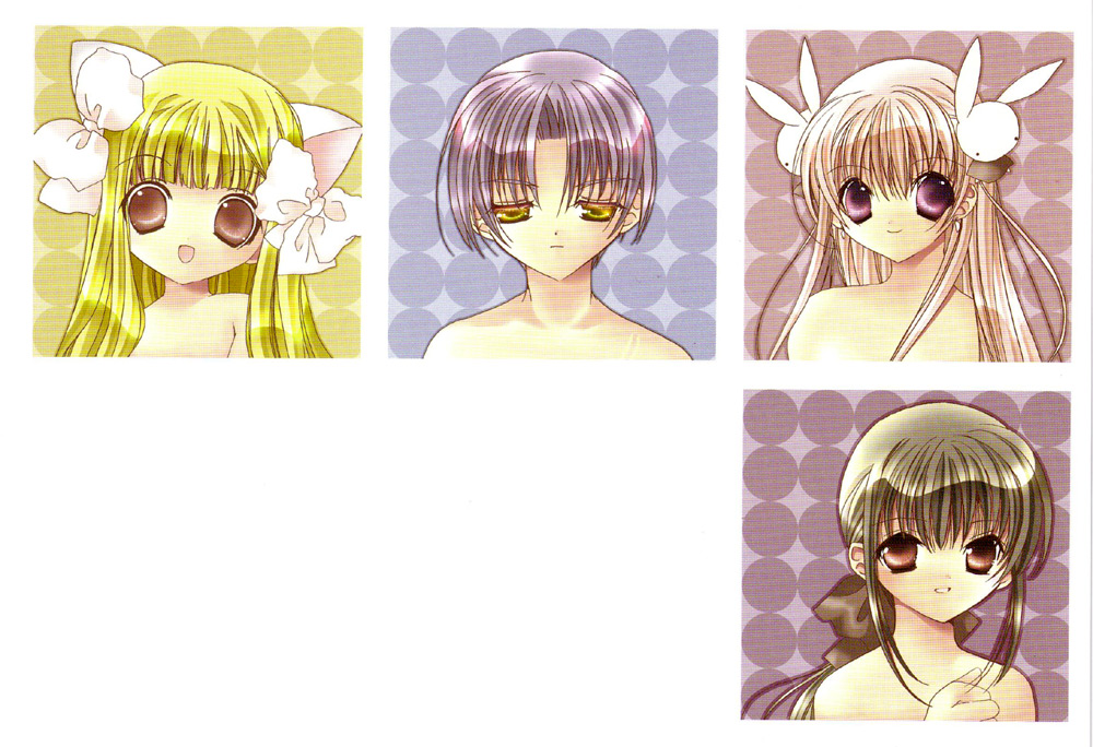 koge donbo, shia, higuchi kotarou, misha, misha (pita ten), shia (pita ten), uematsu koboshi, pita ten, official art, 1boy, 3girls, animal ears, bare shoulders, blonde hair, blunt bangs, bow, brown eyes, brown hair, cat ears, green eyes, hair bow, hair ornament, multiple girls, parted bangs, pink hair, purple eyes, purple hair, rabbit hair ornament