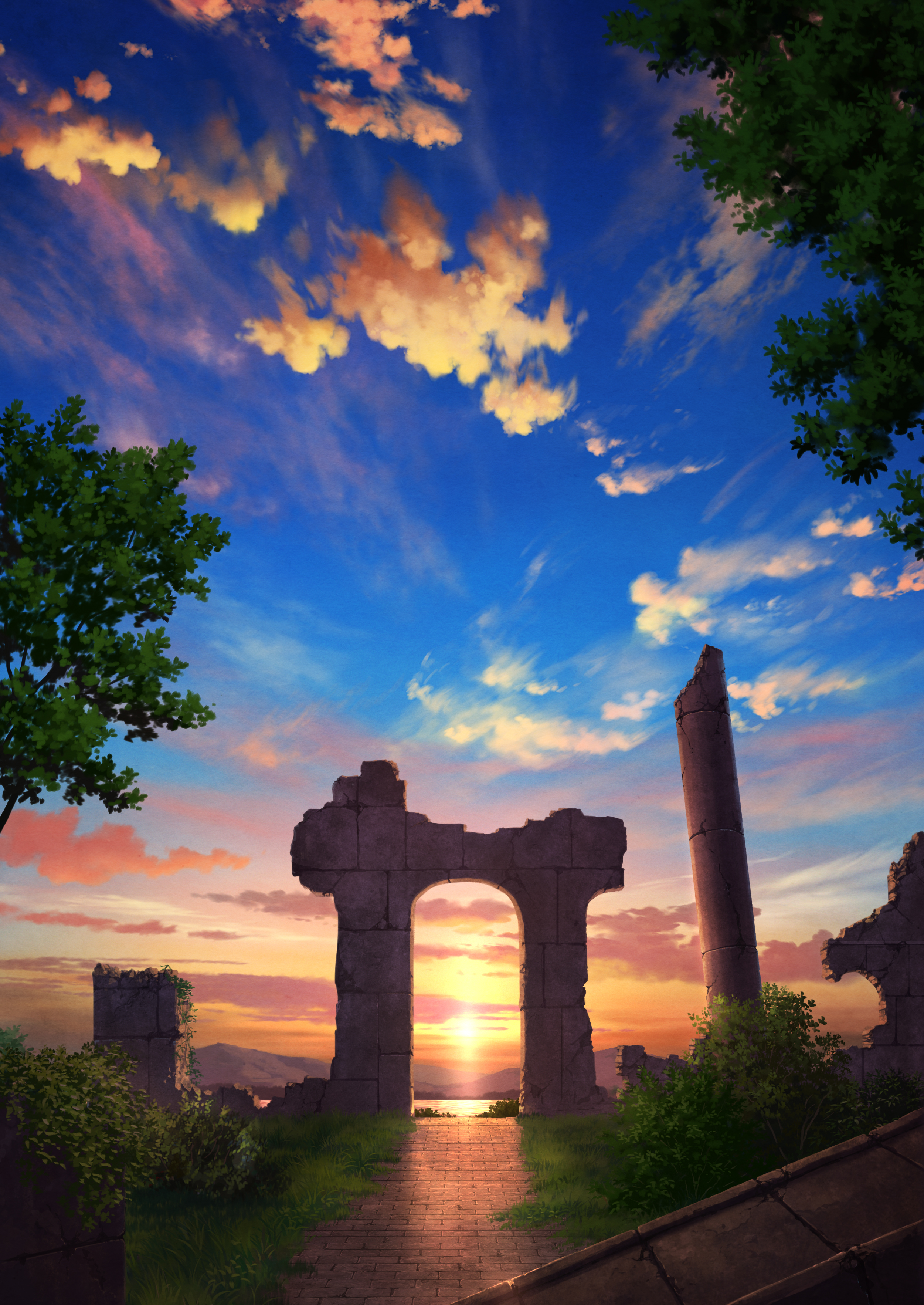 pei (sumurai), original, absurdres, commentary request, highres, arch, blue sky, bush, cloud, gradient sky, no humans, orange sky, outdoors, pillar, ruins, scenery, sky, sun, tree, twilight