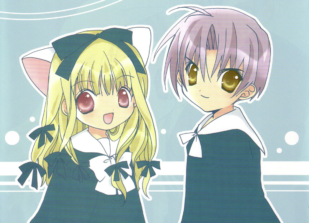 koge donbo, higuchi kotarou, uematsu koboshi, pita ten, 1boy, 1girl, :d, animal ears, black bow, black dress, blonde hair, blue background, bow, cat ears, dress, hair bow, long sleeves, looking at viewer, multi-tied hair, open mouth, purple hair, red hair, sailor collar, short hair, simple background, smile, upper body