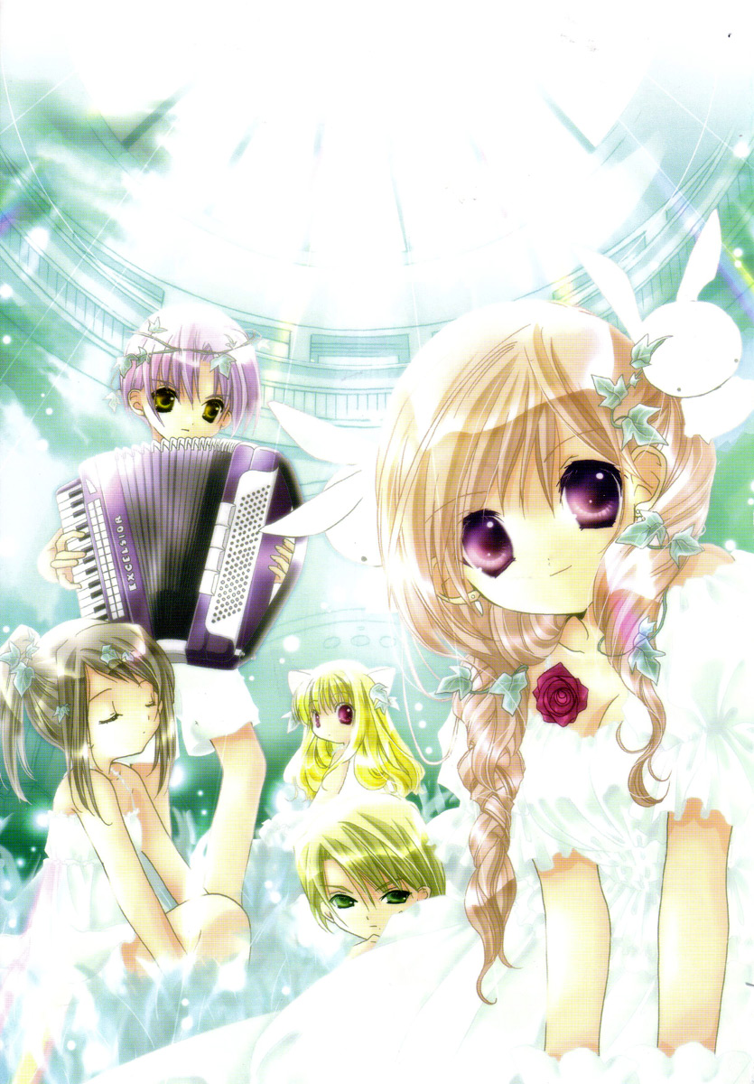 koge donbo, shia, ayanokoji takashi, higuchi kotarou, misha, misha (pita ten), shia (pita ten), uematsu koboshi, pita ten, highres, official art, scan, 2boys, 3girls, accordion, animal ears, blonde hair, cat ears, closed eyes, dress, earrings, flower, green eyes, hair ornament, instrument, ivy, jewelry, leaf, light smile, looking at viewer, multiple boys, multiple girls, music, playing instrument, ponytail, purple eyes, purple hair, rabbit hair ornament, red eyes, white dress, wreath
