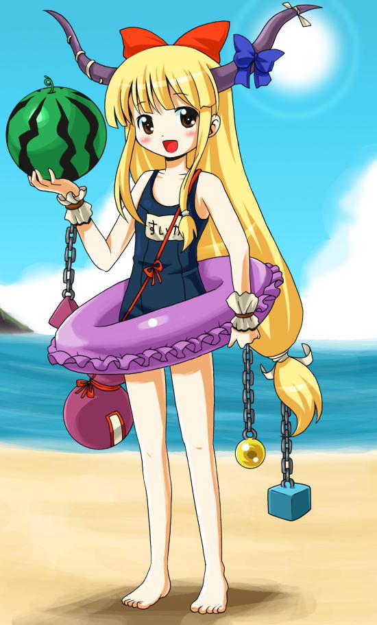 michii yuuki, ibuki suika, touhou, 1girl, barefoot, beach, black one-piece swimsuit, chain, day, female focus, food, fruit, horns, long hair, low-tied long hair, name connection, name tag, object namesake, one-piece swimsuit, school swimsuit, solo, sun, swimsuit, watermelon