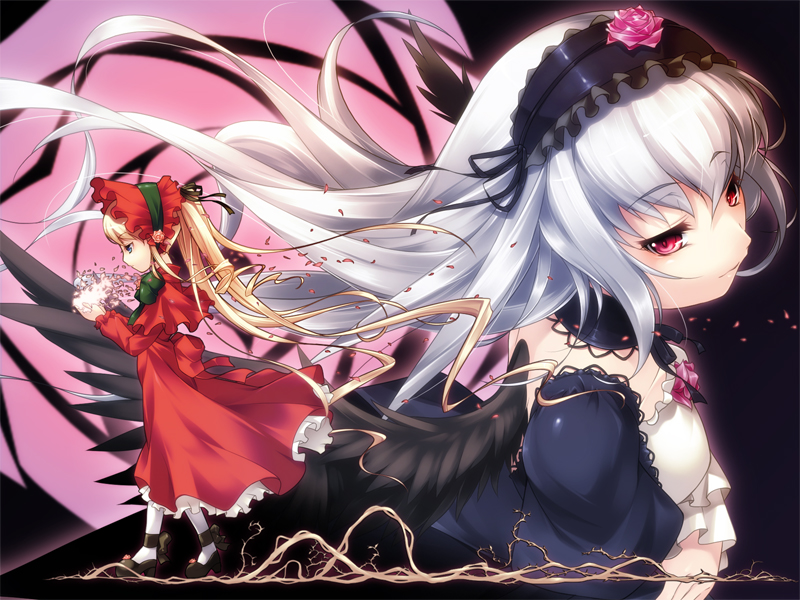 yashima takahiro, shinku, suigintou, rozen maiden, silver hair, 00s, blonde hair, blue eyes, red eyes