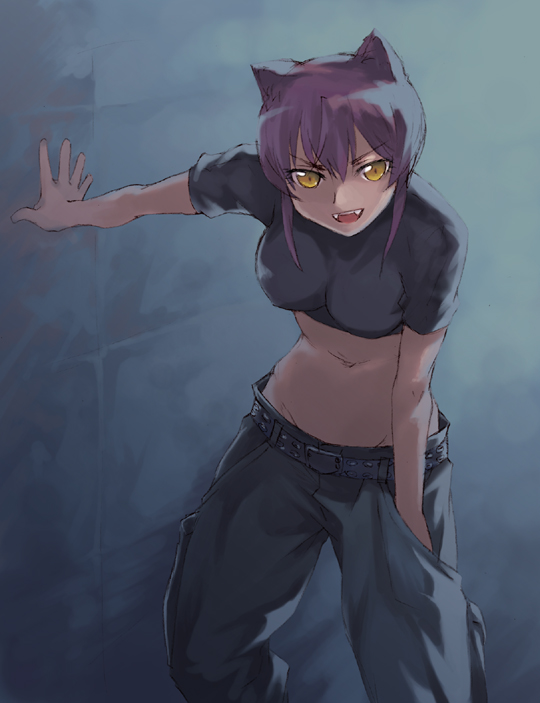 duke (inu daimyou), riza wildman, kaibutsu oujo, 00s, 1girl, animal ears, babydoll t-shirt, cargo pants, crop top, fangs, female focus, glowing, glowing eyes, groin, lowleg, midriff, navel, pants, purple hair, short hair, solo, yellow eyes