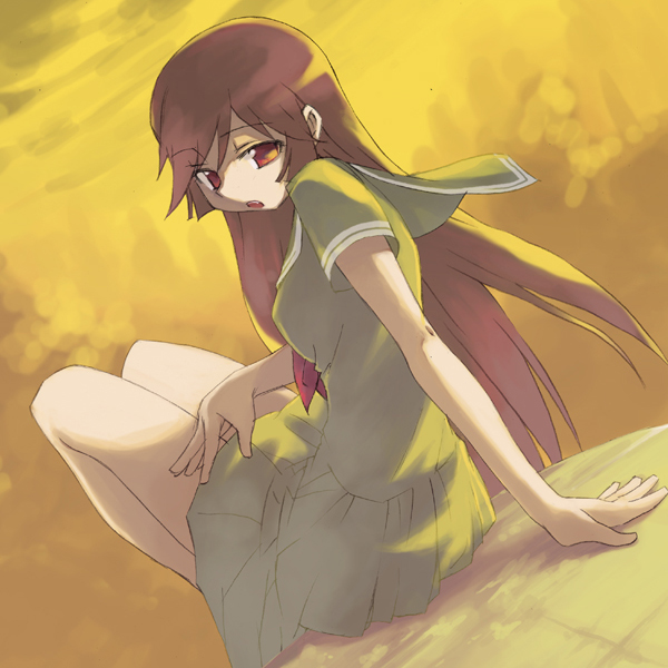 duke (inu daimyou), kamura reiri, kaibutsu oujo, 00s, 1girl, bare legs, blush, brown hair, dress, female focus, from behind, green dress, knees up, long hair, looking at viewer, looking back, purple hair, red eyes, sailor collar, sailor dress, shadow, short sleeves, sitting, solo, very long hair