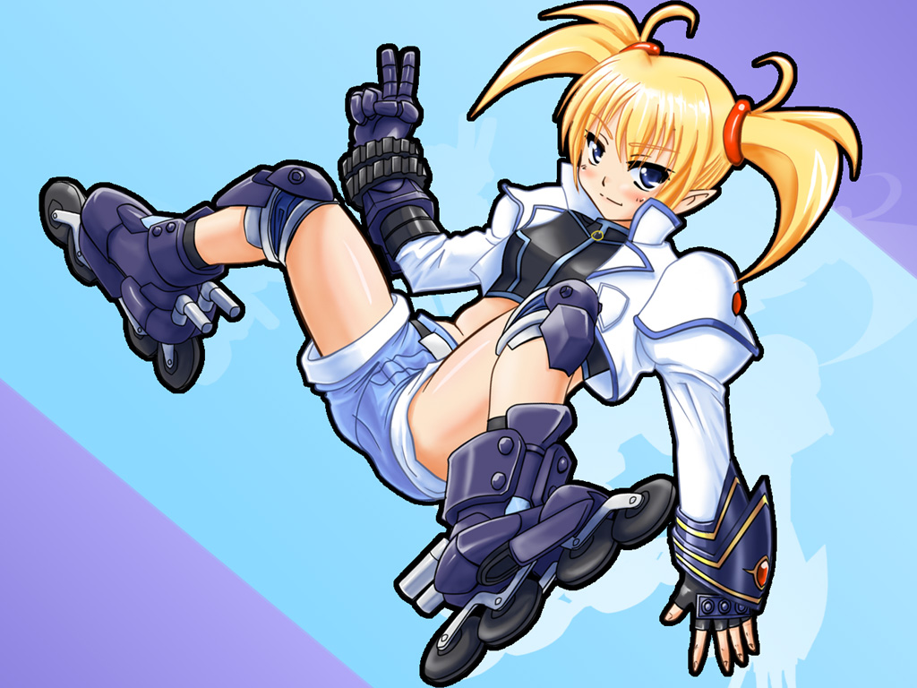 lilica felchenerow, mach caliber, revolver knuckle, subaru nakajima, aq interactive, arcana heart, atlus, examu, lyrical nanoha, mahou shoujo lyrical nanoha, mahou shoujo lyrical nanoha strikers, 1girl, blonde hair, blue eyes, cosplay, denim, denim shorts, female focus, inline skates, knee pads, pointy ears, roller skates, shorts, skates, solo, subaru nakajima (cosplay), twintails