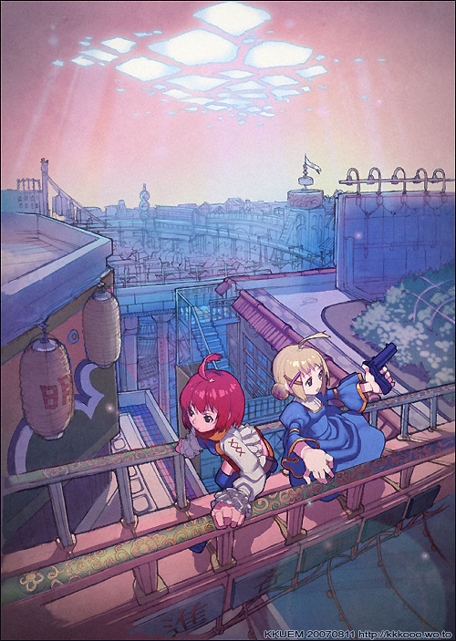 kkuem, original, bad id, bad pixiv id, 2girls, ahoge, blonde hair, bridge, brown eyes, cityscape, gun, handgun, multiple girls, pistol, red hair, running, weapon