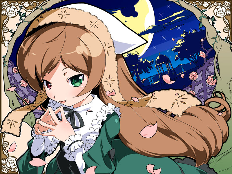 yashima takahiro, suiseiseki, rozen maiden, 00s, brown hair, headscarf, heterochromia, moon, petals, solo, white headscarf