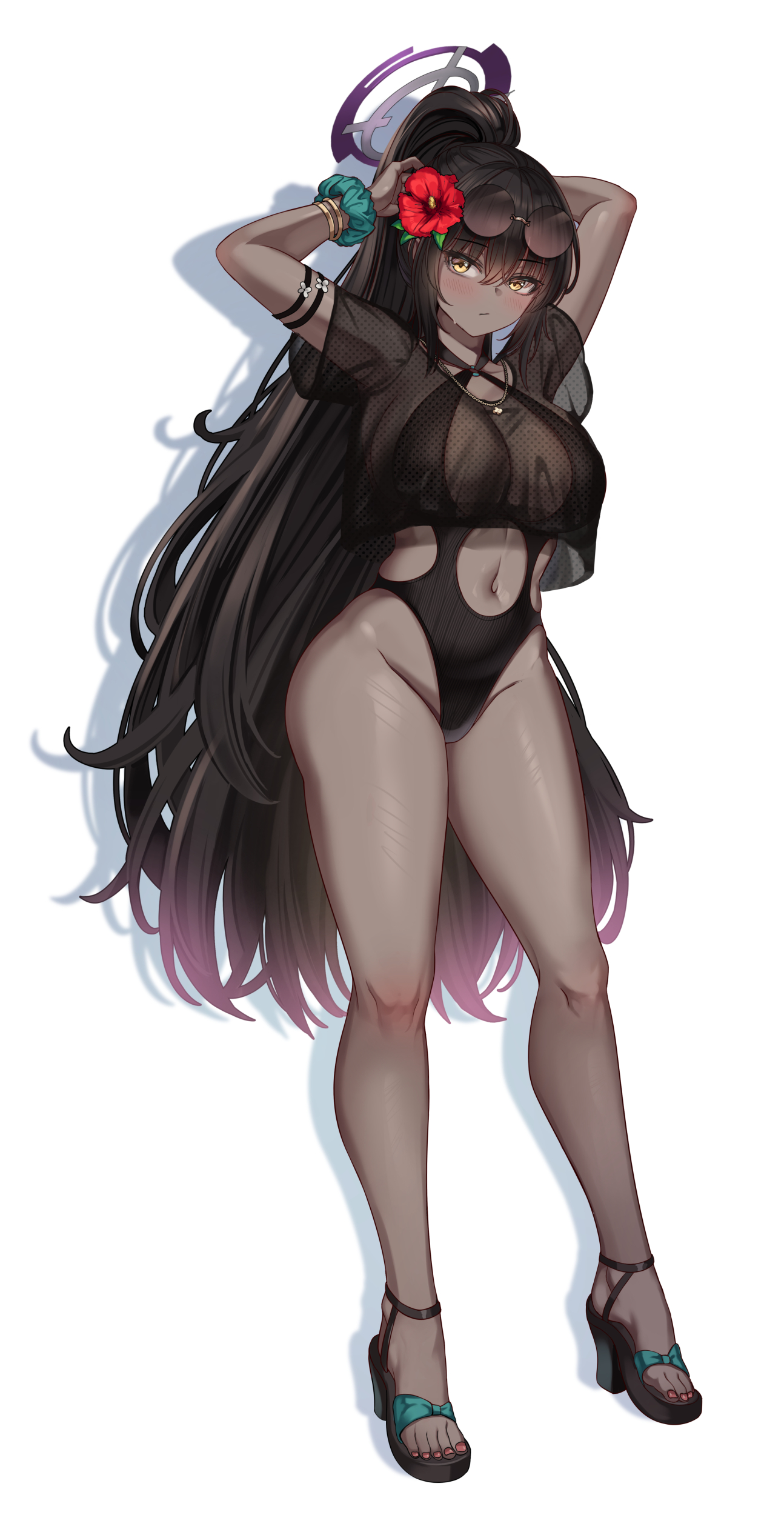 cenangam, karin (blue archive), blue archive, absurdres, commentary, highres, 1girl, alternate costume, black hair, black one-piece swimsuit, black shirt, blush, breasts, cleavage, curvy, dark-skinned female, dark skin, flower, full body, hair flower, hair ornament, halo, large breasts, long hair, looking at viewer, navel, one-piece swimsuit, ponytail, purple halo, see-through cleavage, see-through clothes, shirt, short sleeves, solo, swimsuit, very long hair, yellow eyes