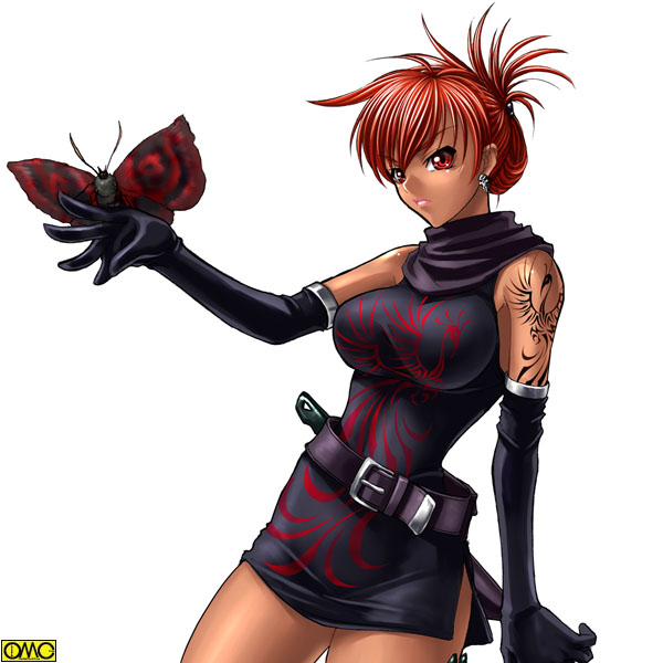 kagami hirotaka, omc, hei feng, tokyo kaidan, non-web source, 1girl, bug, butterfly, dark-skinned female, dark skin, elbow gloves, female focus, gloves, insect, red eyes, red hair, short hair, solo, tattoo