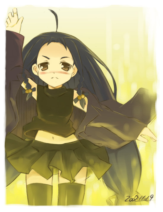 noripachi, ayase yue, hong meiling, mahou sensei negima!, 00s, 1girl, :o, ahoge, arm up, black hair, black skirt, black thighhighs, blue hair, blush, brown eyes, female focus, long hair, long sleeves, midriff, navel, parted lips, pleated skirt, skirt, solo, stomach, thighhighs, very long hair, zettai ryouiki