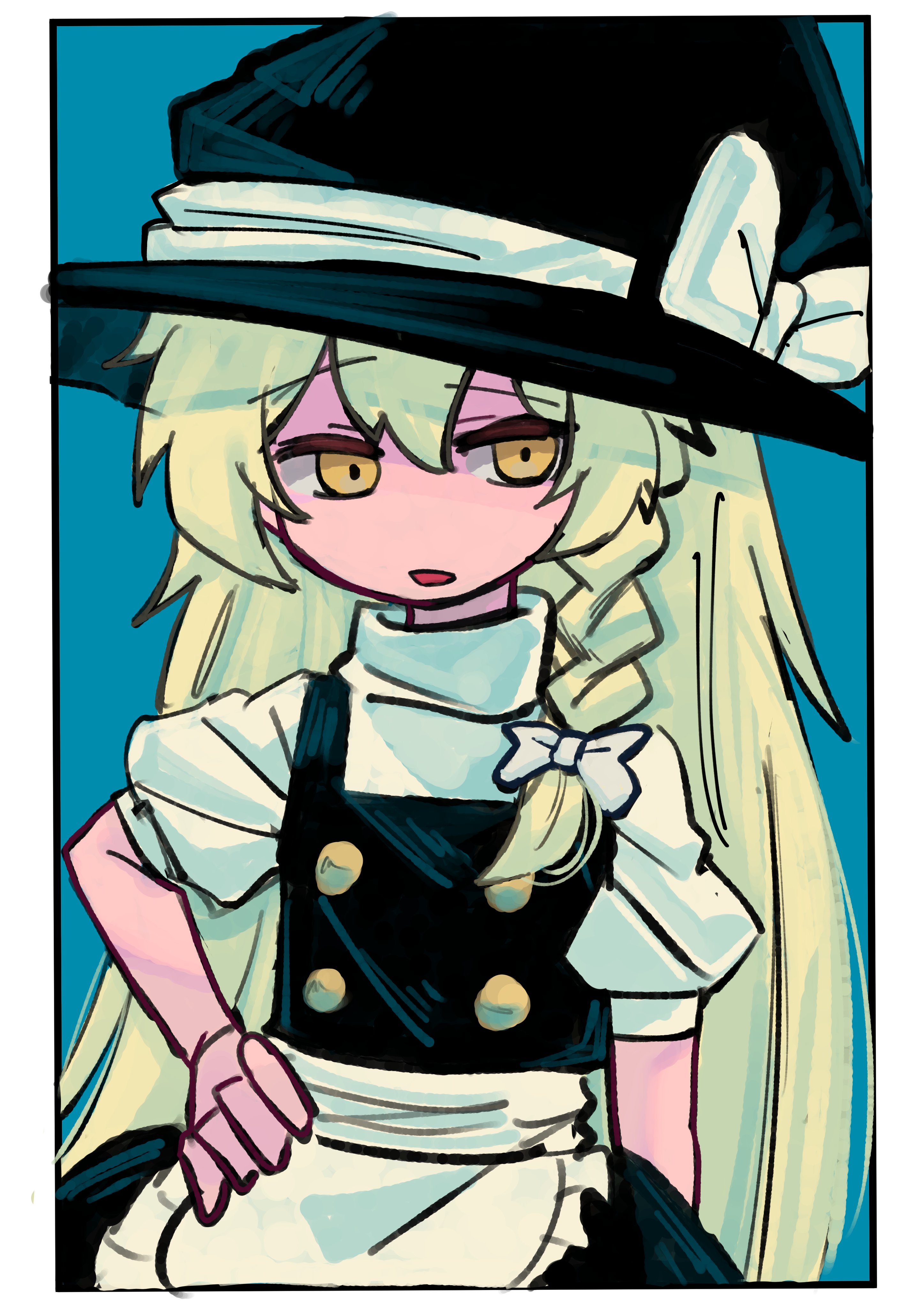 9302w (user wjpg8475), kirisame marisa, touhou, absurdres, bad id, bad twitter id, commentary, highres, 1girl, apron, black dress, blonde hair, blue background, border, bow, braid, dress, frilled apron, frills, hair bow, hand on own hip, hat, hat bow, long hair, open mouth, pinafore dress, puffy short sleeves, puffy sleeves, shirt, short sleeves, sleeveless, sleeveless dress, solo, very long hair, waist apron, white apron, white border, white bow, white shirt, witch, witch hat, yellow eyes