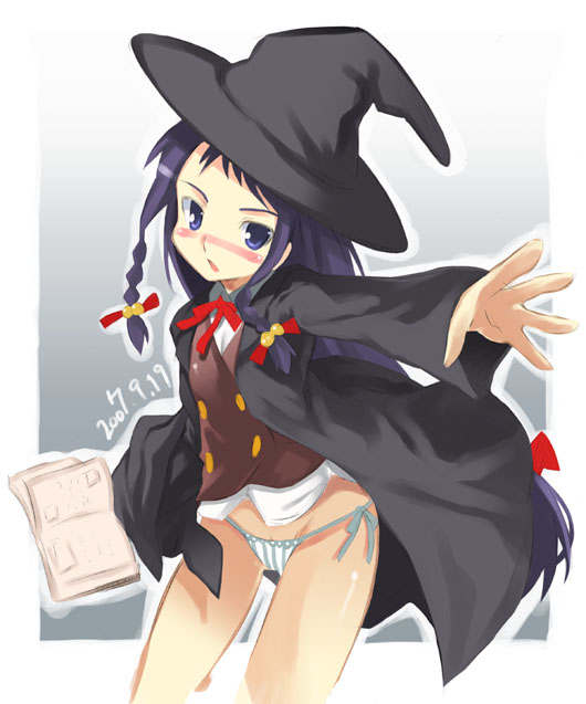 noripachi, ayase yue, mahou sensei negima!, 00s, blue eyes, blush, book, braid, cloak, hat, long hair, no pants, panties, purple hair, side-tie panties, solo, twin braids, underwear, witch hat