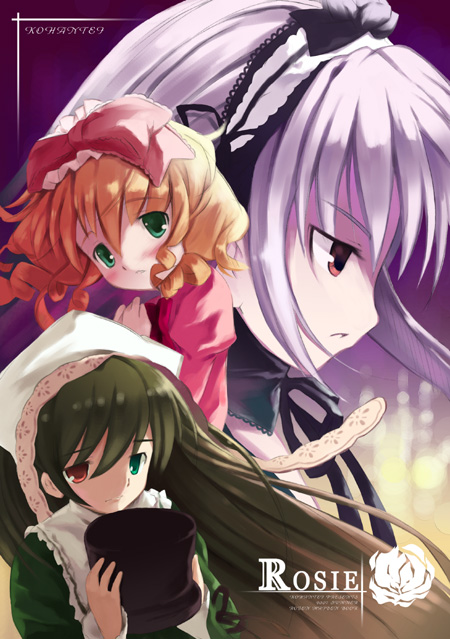 noripachi, hinaichigo, suigintou, suiseiseki, rozen maiden, 00s, 3girls, blonde hair, blush, bow, brown hair, drill hair, floating hair, green eyes, hairband, hands on own chest, hat, headscarf, heterochromia, holding, holding unworn clothes, holding unworn hat, long hair, looking down, multiple girls, pink bow, profile, puffy sleeves, red eyes, sad, top hat, unworn hat, unworn headwear, very long hair, white headscarf