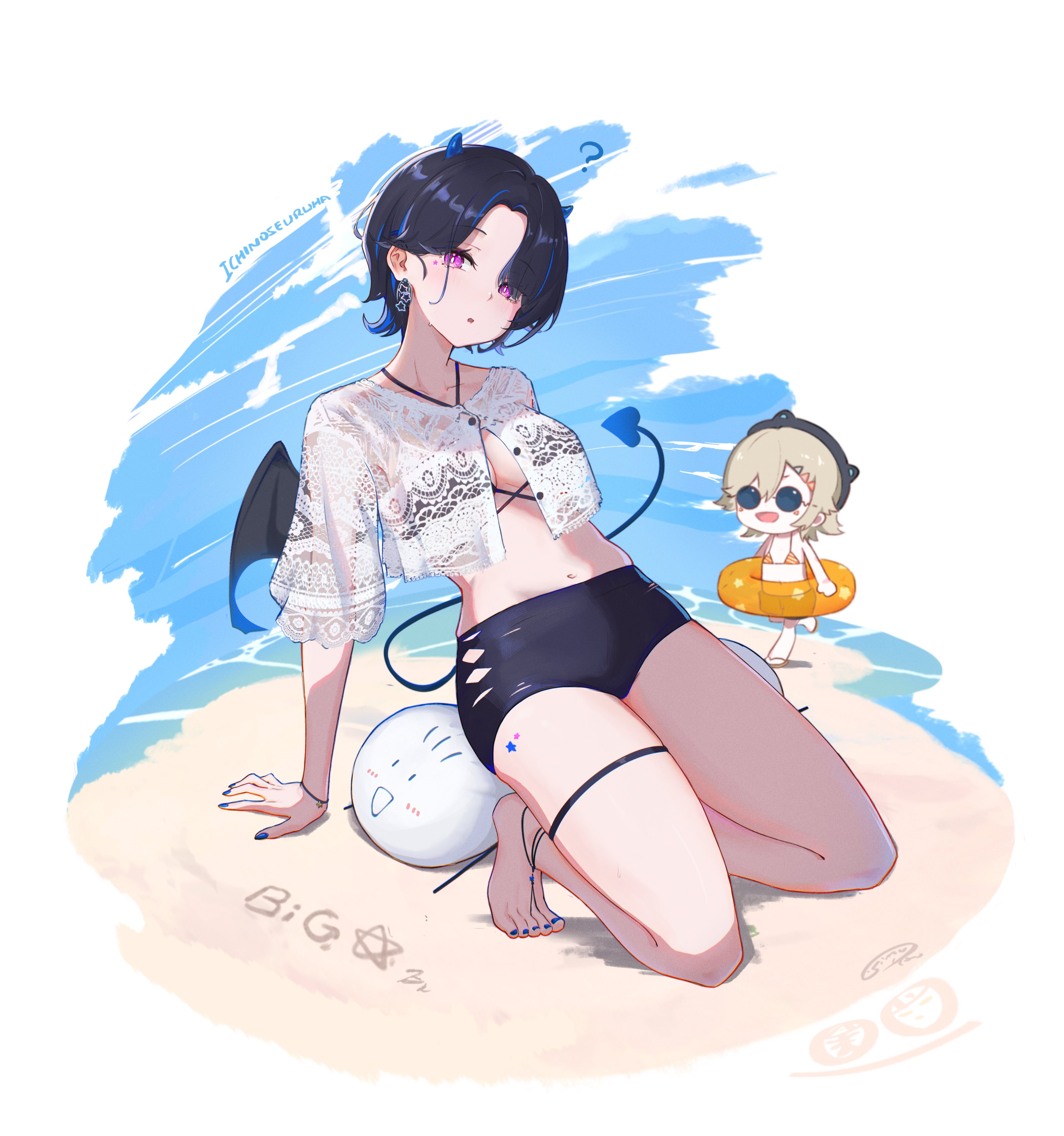 simuyutou, ichinose uruha, komori met, vspo!, absurdres, highres, 2girls, ?, alternate hairstyle, anklet, arm support, bat wings, beach, bikini, black bikini, black hair, blonde hair, blue horns, blue nails, bracelet, breasts, cleavage, curtained hair, earrings, facial mark, heart, heart tail, horns, innertube, jewelry, lace shirt, looking at viewer, micro shorts, multicolored hair, multiple girls, nail polish, navel, parted lips, purple eyes, round eyewear, short hair, shorts, single earring, small horns, solo focus, star (symbol), star earrings, streaked hair, swim ring, swimsuit, tail, thigh strap, thighs, virtual youtuber, white background, wings, wolf cut