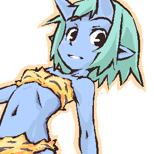 bad id, bad pixiv id, lowres, animal print, bikini, blue oni, blue skin, colored skin, demon girl, green hair, horns, oekaki, oni, orange bikini, solo, swimsuit, tiger print