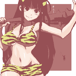 lowres, 1girl, animal print, bikini, black hair, breasts, female focus, hime cut, holding, holding weapon, horns, large breasts, long hair, looking at viewer, mace, monochrome, navel, oekaki, oni, smile, solo, swimsuit, tiger print, weapon, yellow bikini