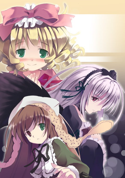 noripachi, hinaichigo, suigintou, suiseiseki, rozen maiden, silver hair, 00s, 3girls, blonde hair, blush, bow, brown hair, dress, drill hair, floating hair, green eyes, hair ribbon, hairband, heterochromia, long hair, looking at viewer, multiple girls, neck ribbon, pink bow, profile, ribbon, short hair, smile, very long hair