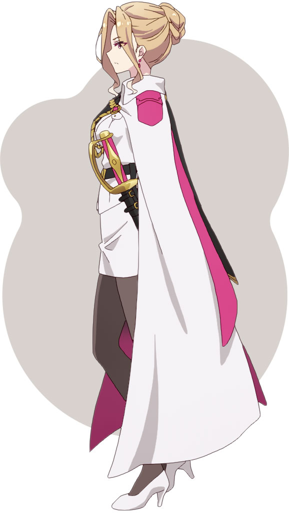 fuzichoco, prima doll (anime), official art, 1girl, anime coloring, belt, black belt, black necktie, black pantyhose, blonde hair, braid, braided bun, breasts, cloak, closed mouth, collared shirt, curtained hair, eyeliner, from side, full body, grey background, hair bun, high heels, holding, holding sword, holding weapon, jacket, large breasts, makeup, necktie, okunomiya otome, pantyhose, pencil skirt, pink eyeliner, pink eyes, profile, scabbard, sheath, shirt, shoes, skirt, solo, standing, sword, tsurime, two-tone background, weapon, white background, white jacket, white shoes, white skirt