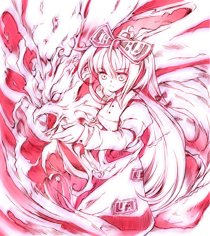 fujiwara no mokou, touhou, 1girl, bird, female focus, fire, hair ribbon, long hair, monochrome, phoenix, red theme, ribbon, shirt, solo, suspenders, very long hair, white shirt