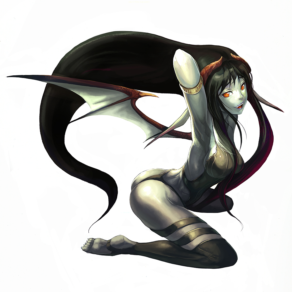 shukei, original, 1girl, :d, arm up, armlet, armpits, ass, bat wings, black hair, black panties, black thighhighs, breasts, colored skin, demon girl, demon wings, fang, feet, female focus, fingernails, grey skin, horns, jewelry, large breasts, leaning forward, lipstick, long fingernails, long hair, looking back, makeup, nail (hardware), naughty face, no bra, open mouth, orange eyes, panties, purple lips, sideboob, smile, soles, solo, thighhighs, thong, toeless legwear, underwear, very long hair, wings