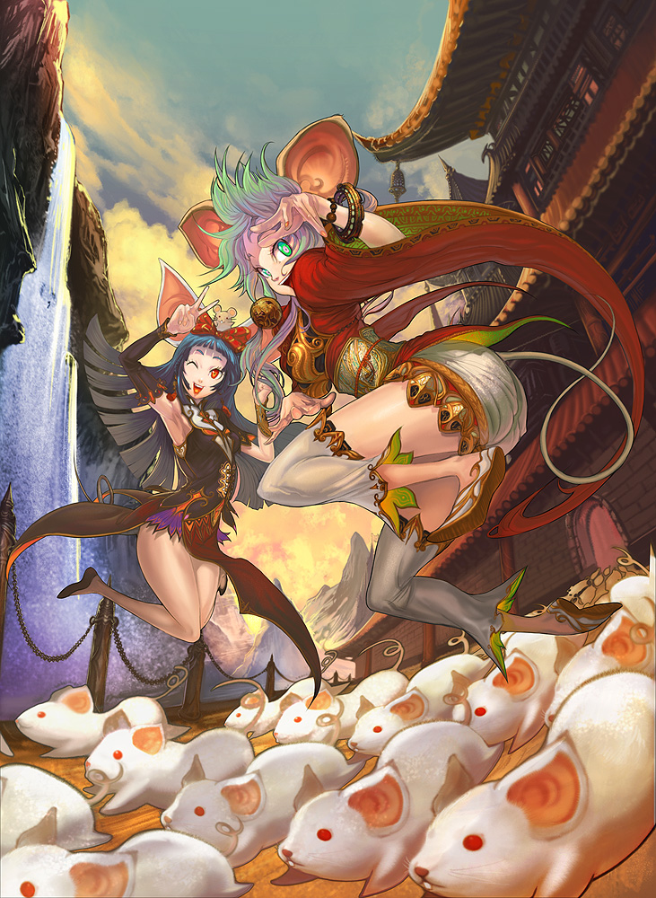 shukei, original, animal ears, green eyes, mouse (animal), mouse ears, one eye closed, orange eyes, thighhighs, v, wink, zettai ryouiki
