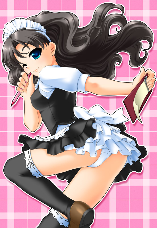 tohsaka rin, fate/stay night, fate (series), non-web source, 00s, 1girl, black hair, black socks, black thighhighs, blue eyes, clipboard, female focus, kneehighs, long hair, long legs, panties, pantyshot, pen, socks, solo, thighhighs, underwear, waitress