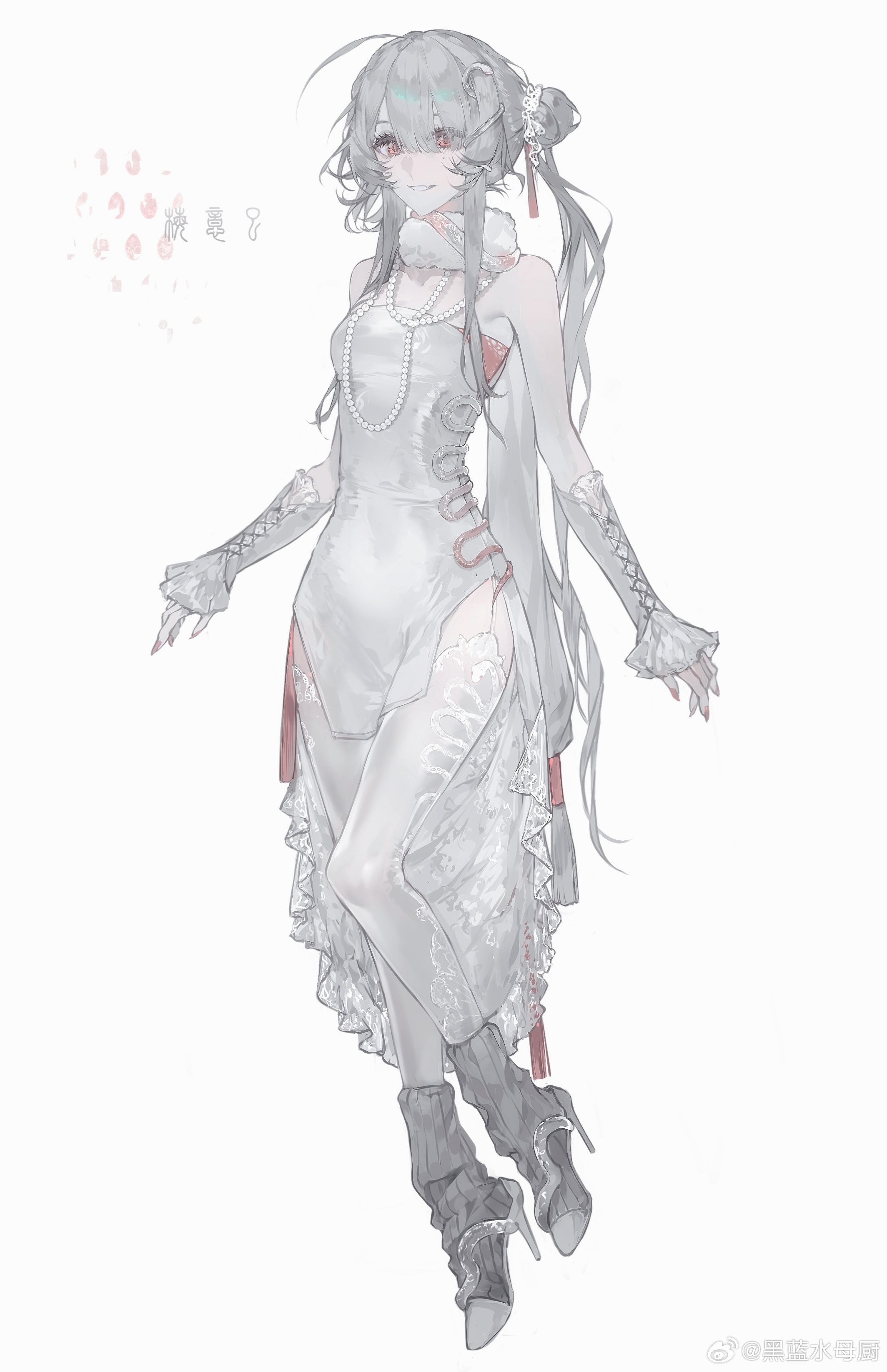 original, absurdres, highres, ahoge, bare shoulders, boots, breasts, detached sleeves, double bun, dress, frills, full body, fur trim, grey hair, hair between eyes, hair bun, hair ornament, heilanshuimuchu, high heels, jewelry, long hair, necklace, pearl necklace, red eyes, scarf, sidelocks, simple background, socks, tassel, thighhighs, very long hair, white background, white dress, white hair