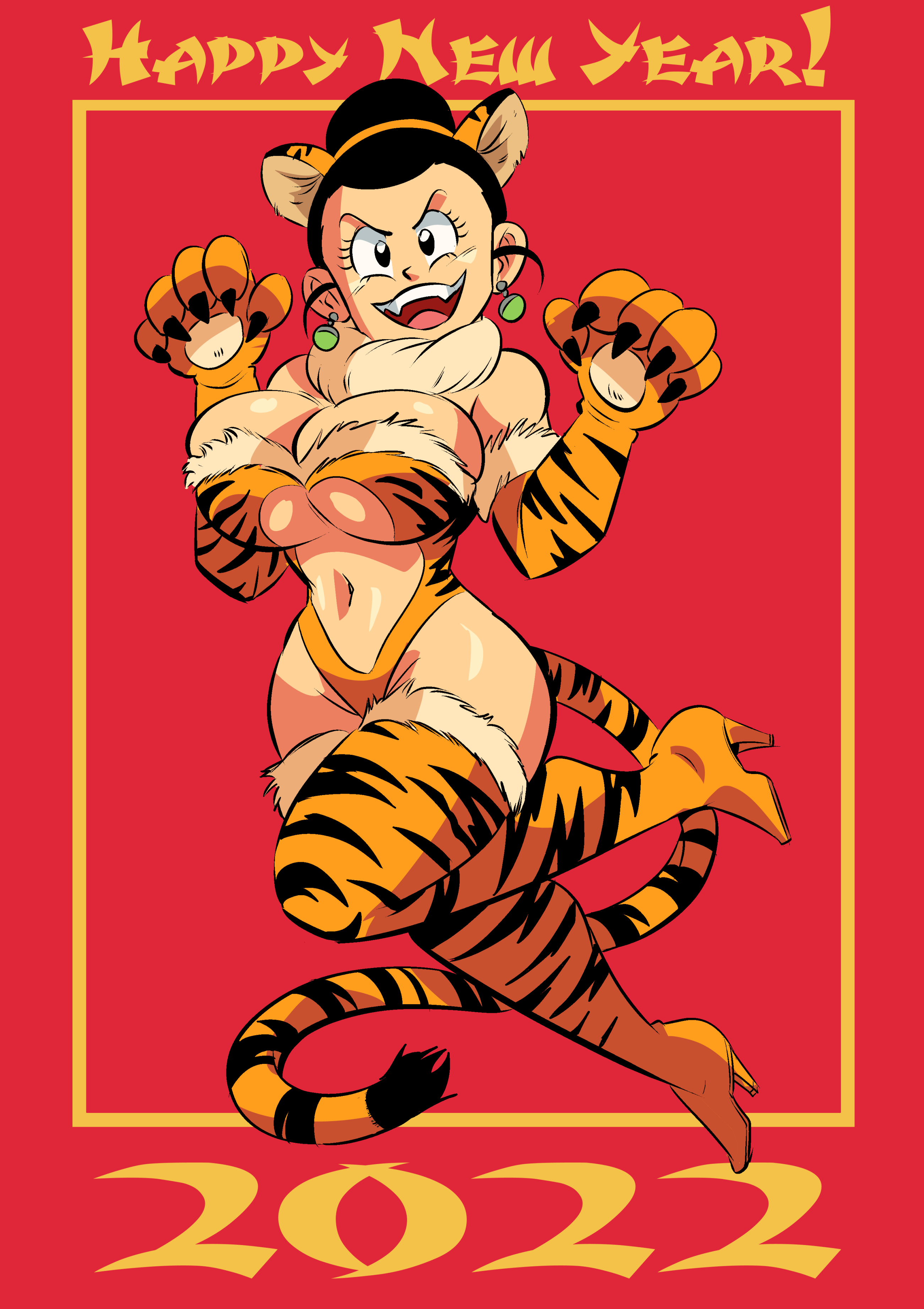 funsexydb, funsexydragonball, chi-chi (dragon ball), dragon ball, dragonball z, 1girl, 2022, 20s, animal ears, animal print, black eyes, black hair, blush, boots, breasts, chinese zodiac, claws, cleavage, clothing cutout, earrings, fake animal ears, fake tail, fangs, fur-trimmed boots, fur-trimmed gloves, fur-trimmed leotard, fur collar, fur trim, gloves, hair bun, happy new year, high heels, jewelry, jumping, large breasts, leotard, looking at viewer, mature female, navel, navel cutout, new year, open mouth, orange boots, orange gloves, orange leotard, paw gloves, print boots, print gloves, print leotard, red background, smile, tail, teeth, thigh boots, tiger ears, tiger girl, tiger print, tiger tail, underboob, year of the tiger