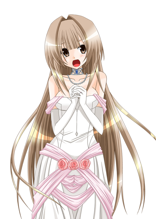 chall, seto sun, seto no hanayome, 00s, 1girl, :d, belt, blush, brown eyes, brown hair, collarbone, dress, elbow gloves, female focus, gloves, hair intakes, jewelry, music, necklace, open mouth, own hands together, simple background, singing, smile, solo, standing, white background, white dress, white gloves