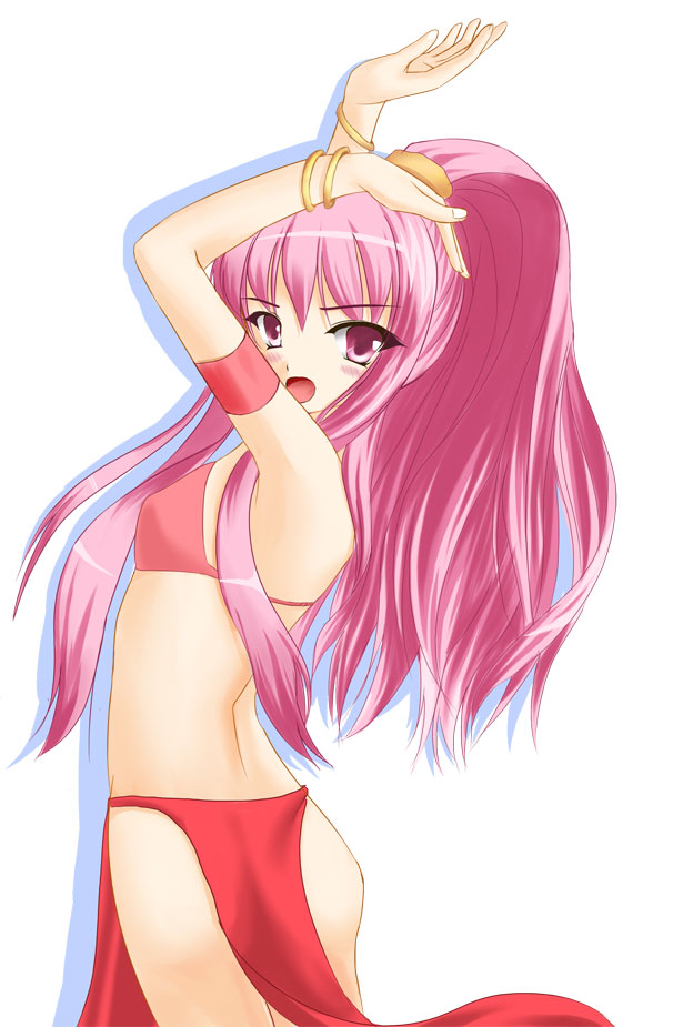 ryuushou, louise francoise le blanc de la valliere, zero no tsukaima, 00s, 1girl, :o, alternate hairstyle, armlet, arms up, back, blush, bracelet, embarrassed, female focus, jewelry, long hair, looking back, pink eyes, pink hair, ponytail, solo, white background