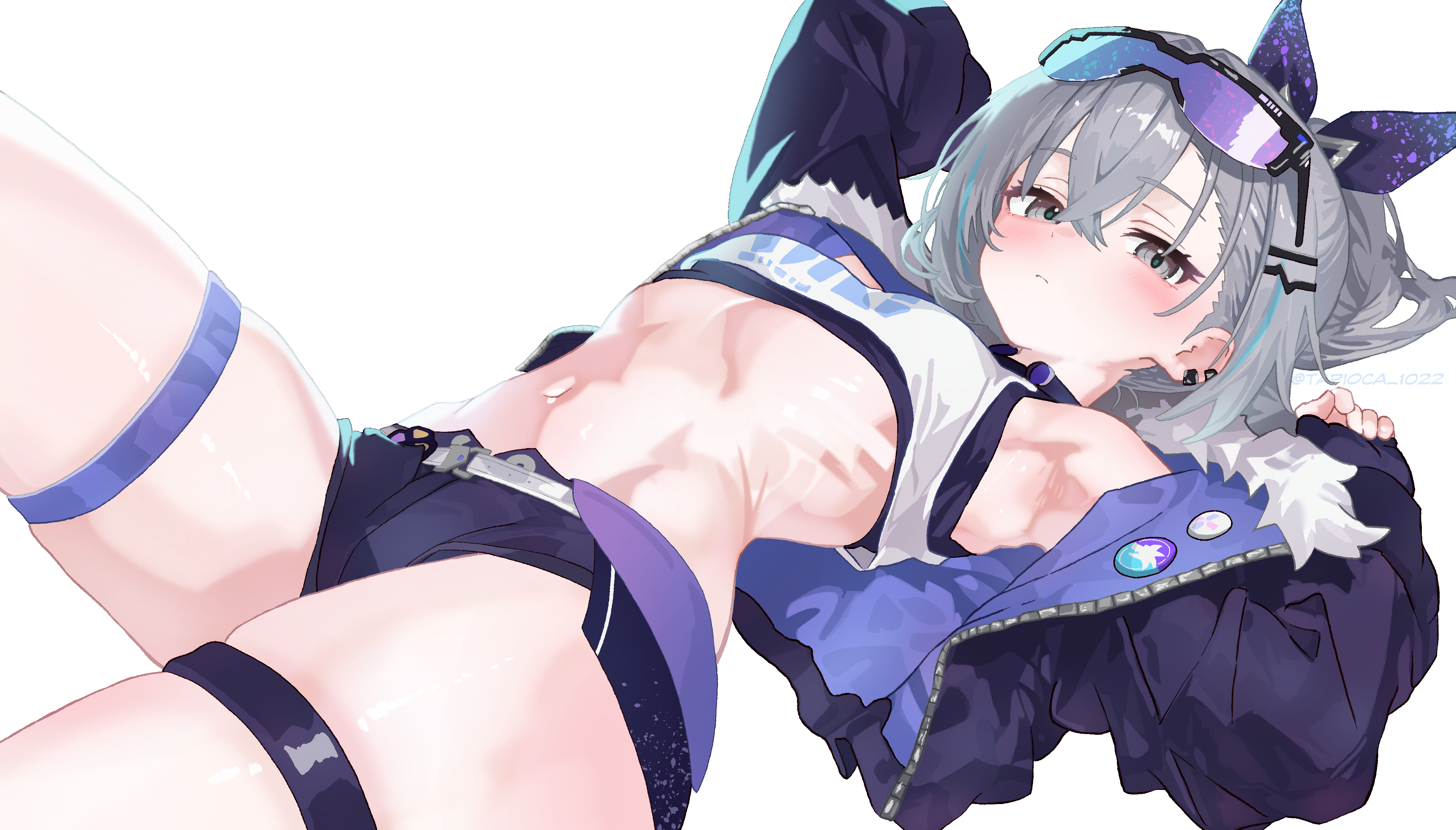tapioca 1022, silver wolf (honkai: star rail), honkai: star rail, honkai (series), absurdres, commentary, highres, paid reward available, 1girl, arms up, black jacket, black shorts, black sports bra, blush, breasts, closed mouth, crop top, cropped jacket, crossed bangs, eyewear on head, fur-trimmed jacket, fur trim, gradient-tinted eyewear, grey eyes, grey hair, hair between eyes, jacket, long hair, looking at viewer, lying, navel, on back, shirt, short shorts, shorts, simple background, sleeveless, sleeveless shirt, small breasts, solo, sports bra, thigh strap, tinted eyewear, white background, white shirt