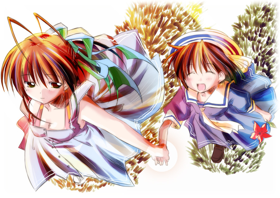 kamiya yuu, furukawa nagisa, okazaki ushio, clannad, 00s, 2girls, antenna hair, brown hair, closed eyes, dress, hat, long hair, multiple girls, pinwheel, ribbon, school uniform, serafuku, skirt, smile