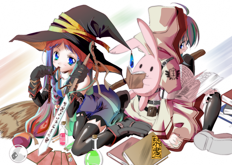 kamiya yuu, ayase yue, miyazaki nodoka, mahou sensei negima!, black legwear, 00s, 2girls, back-to-back, backpack, bag, belt, black dress, blue eyes, buckle, dress, full body, hat, long hair, looking at viewer, multiple girls, rabbit, sitting, thighhighs, very long hair, wariza, white dress, witch hat, zettai ryouiki