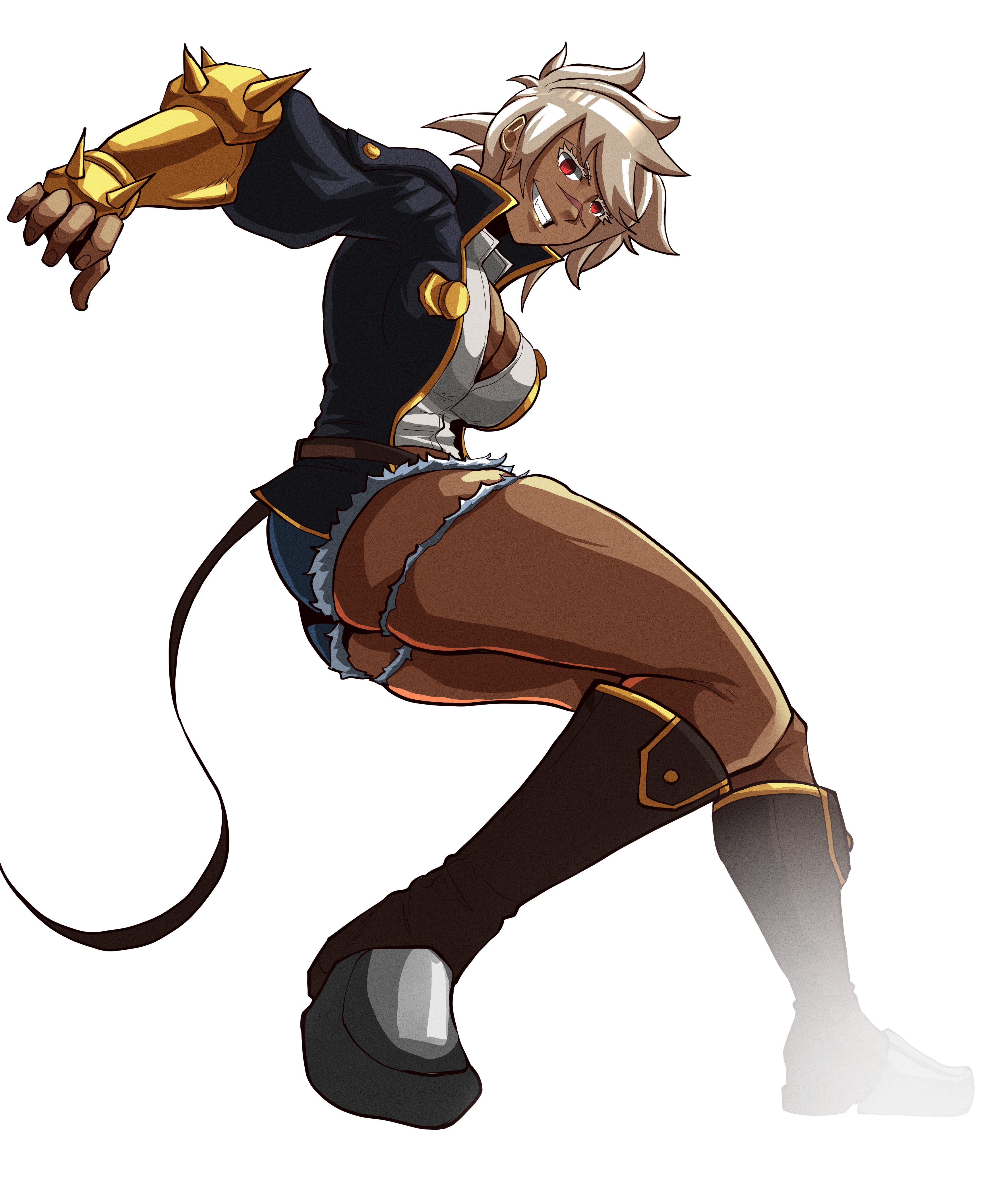 ace (imajination16), bullet (blazblue), blazblue, blazblue: central fiction, blazblue: chronophantasma, absurdres, commission, commissioner upload, highres, arm at side, blonde hair, breasts, dark-skinned female, dark skin, denim, denim shorts, gauntlets, jacket, kneehighs, large breasts, looking at viewer, muscular, muscular female, red eyes, scar, short shorts, shorts, smile, socks, solo, thighs, white background