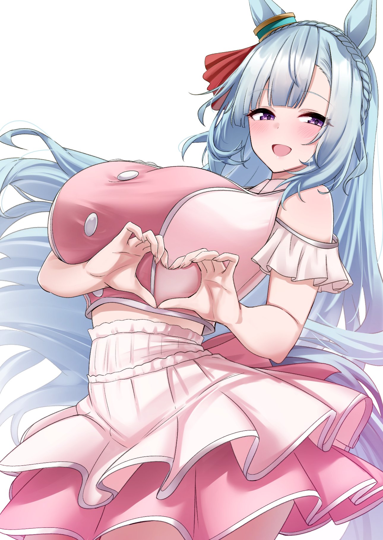 herohero (higashi no dou), mejiro ardan (umamusume), umamusume, highres, 1girl, bare shoulders, blue hair, blush, braid, breasts, clothing cutout, crop top, crown braid, ear ornament, fingernails, frilled skirt, frills, heart, heart hands, huge breasts, layered skirt, long hair, looking at viewer, midriff, official alternate costume, open mouth, pink shirt, pink skirt, purple eyes, shirt, shoulder cutout, simple background, skirt, smile, solo, very long hair, white background
