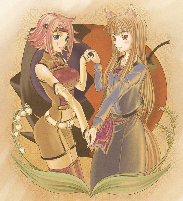 tonbidou, holo, koshimizu ami, kouzuki kallen, zero (code geass), code geass, spice and wolf, 00s, animal ears, apple, bare shoulders, crossover, food, fruit, sleeveless, sleeveless turtleneck, tail, thighhighs, turtleneck, voice actor connection, wolf ears, wolf tail